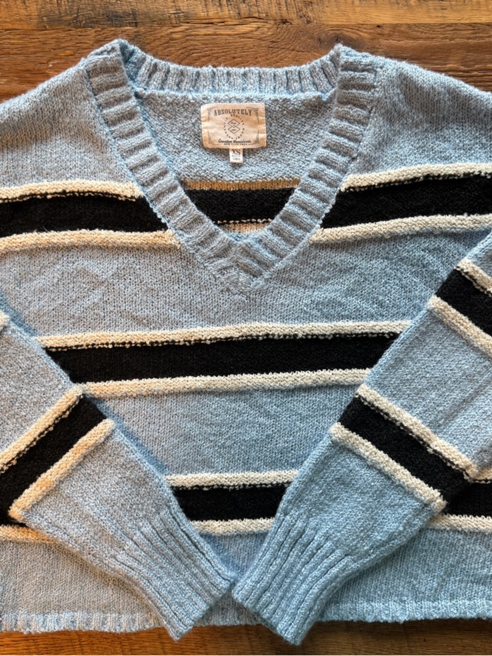Absolutely Light Blue V-Neck Sweater with Black & Cream Stripes